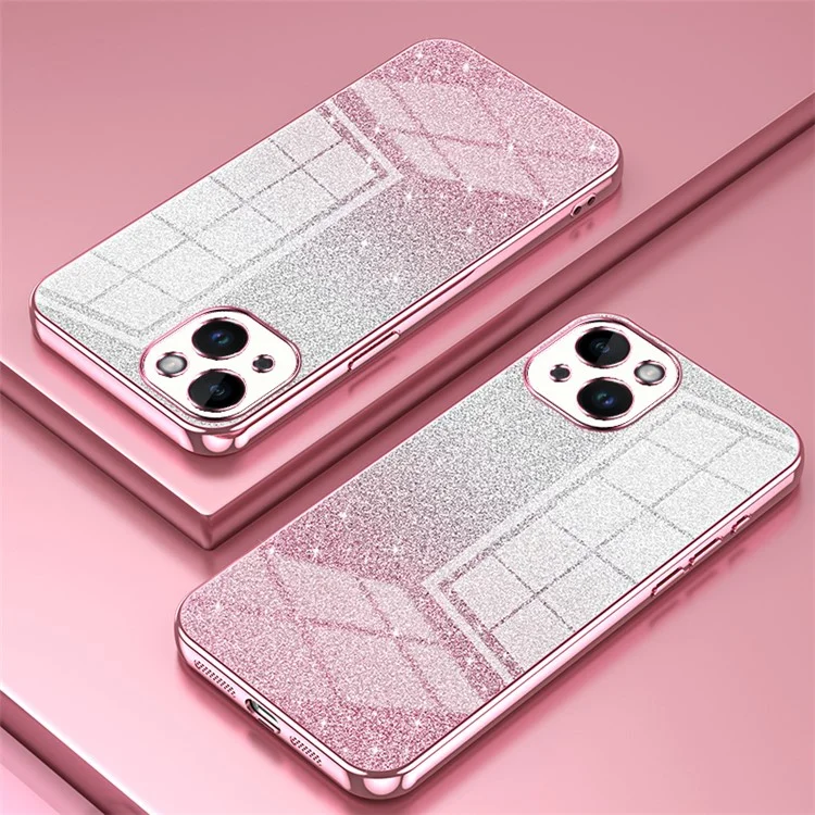 For iPhone 14 Cell Phone Case Gradient Glitter Precise Cutout TPU Back Cover - Pink
