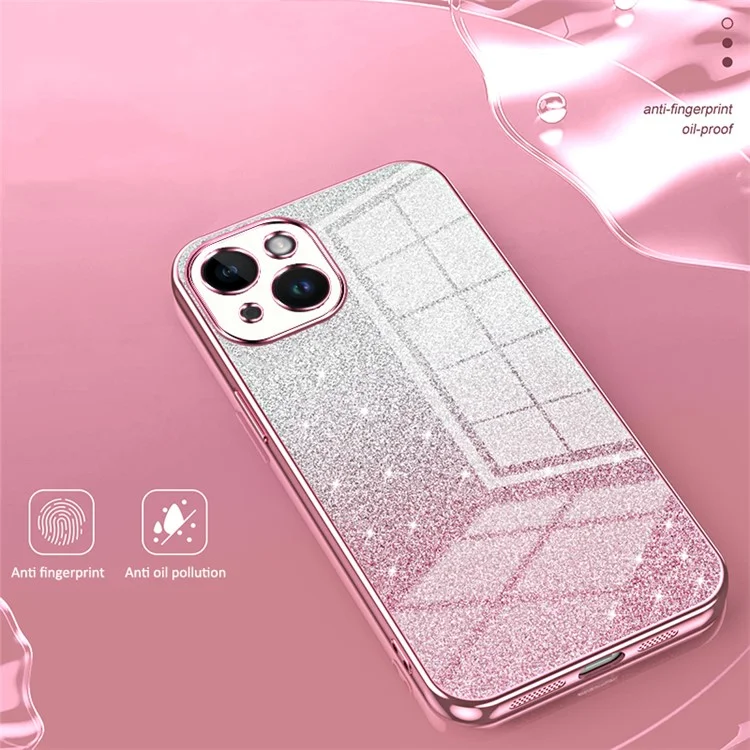 For iPhone 14 Cell Phone Case Gradient Glitter Precise Cutout TPU Back Cover - Pink