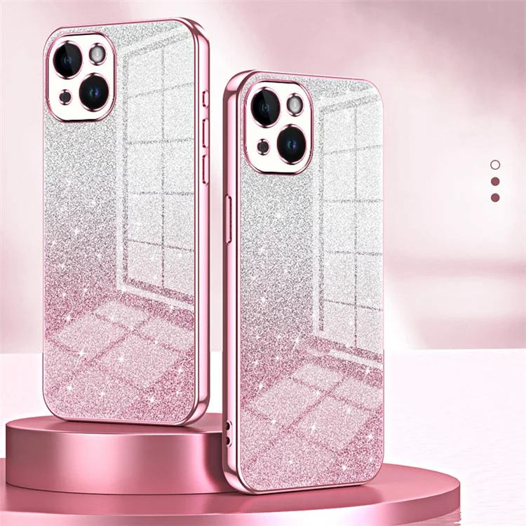 For iPhone 14 Cell Phone Case Gradient Glitter Precise Cutout TPU Back Cover - Pink