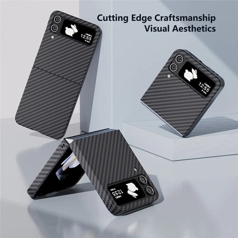 For Samsung Galaxy Z Flip4 5G Case PU Leather+PC Carbon Fiber Texture Flip Phone Shell - Black