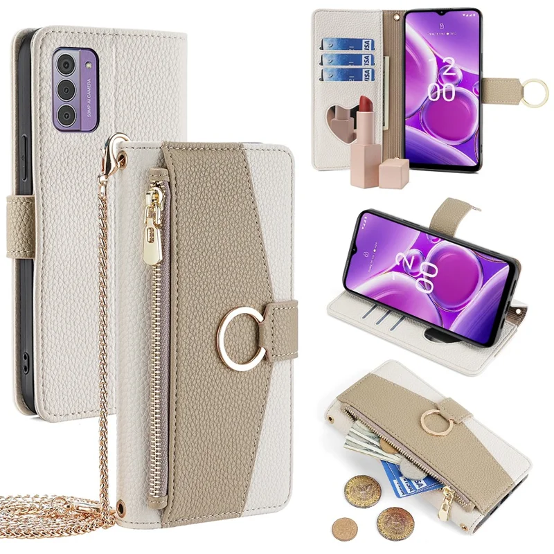 For Nokia G42 Case PU Leather Stand Phone Guard Cover with Zipper Pocket - White