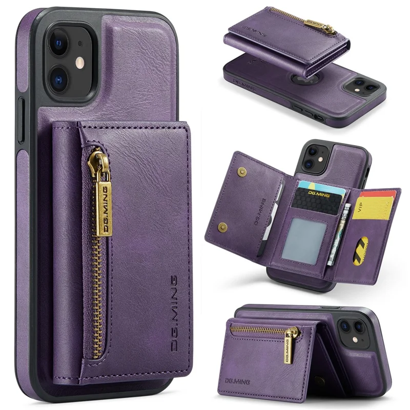 DG.MING M5 Series For iPhone 11 Wallet Case Zipper Pocket Card Slots Phone Cover - Purple