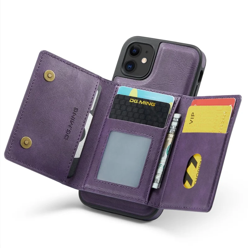 DG.MING M5 Series For iPhone 11 Wallet Case Zipper Pocket Card Slots Phone Cover - Purple