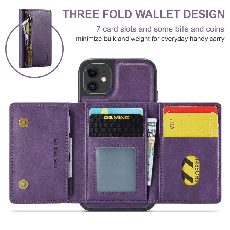 DG.MING M5 Series For iPhone 11 Wallet Case Zipper Pocket Card Slots Phone Cover - Purple