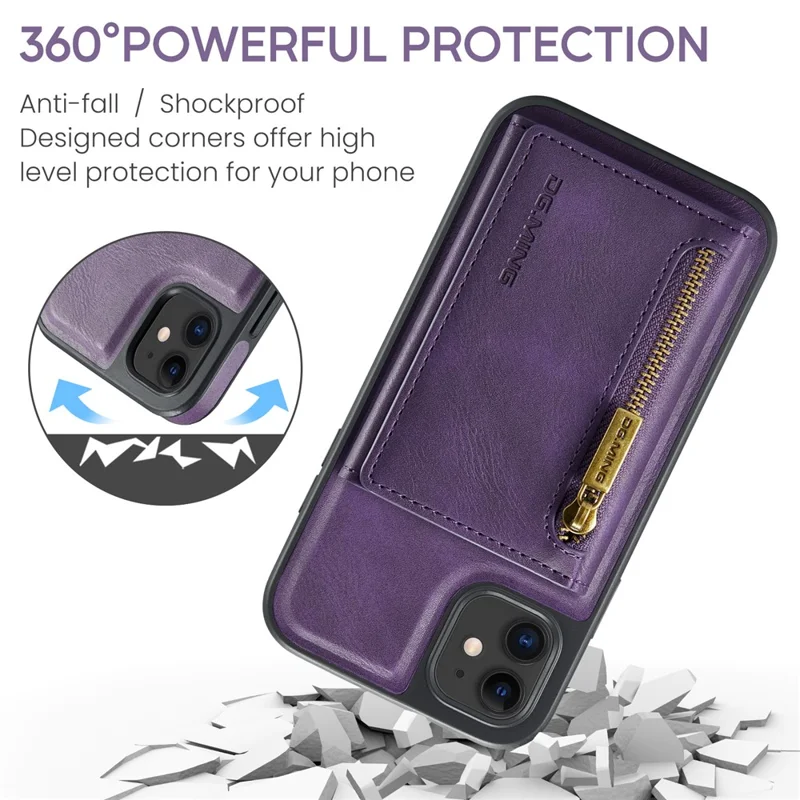 DG.MING M5 Series For iPhone 11 Wallet Case Zipper Pocket Card Slots Phone Cover - Purple