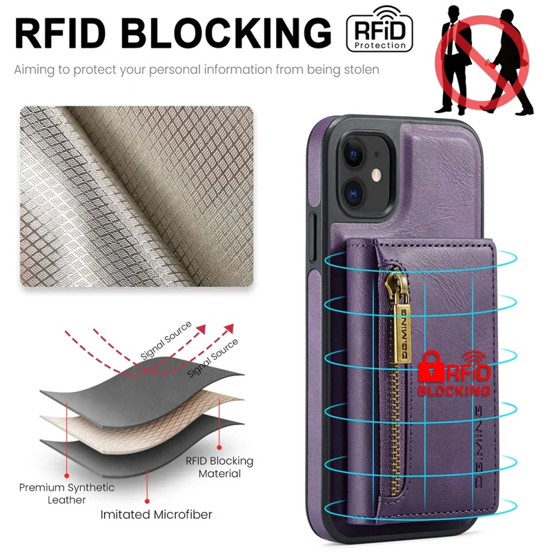 DG.MING M5 Series For iPhone 11 Wallet Case Zipper Pocket Card Slots Phone Cover - Purple