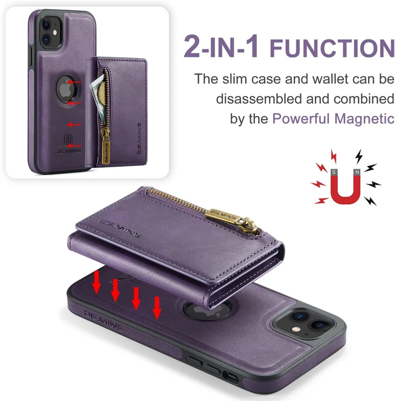 DG.MING M5 Series For iPhone 11 Wallet Case Zipper Pocket Card Slots Phone Cover - Purple