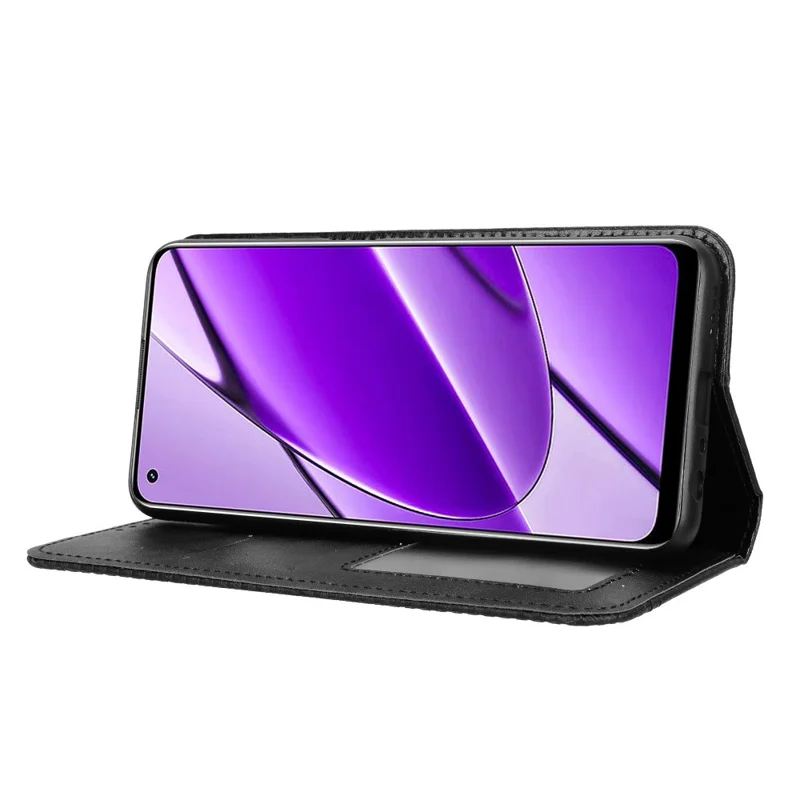 For Realme 11 4G (159.9x73.3x7.95mm) Cell Phone Cases Retro PU Leather Wallet Stand Cover - Black