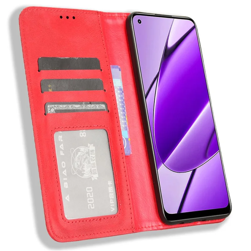 For Realme 11 4G (159.9x73.3x7.95mm) Cell Phone Cases Retro PU Leather Wallet Stand Cover - Red