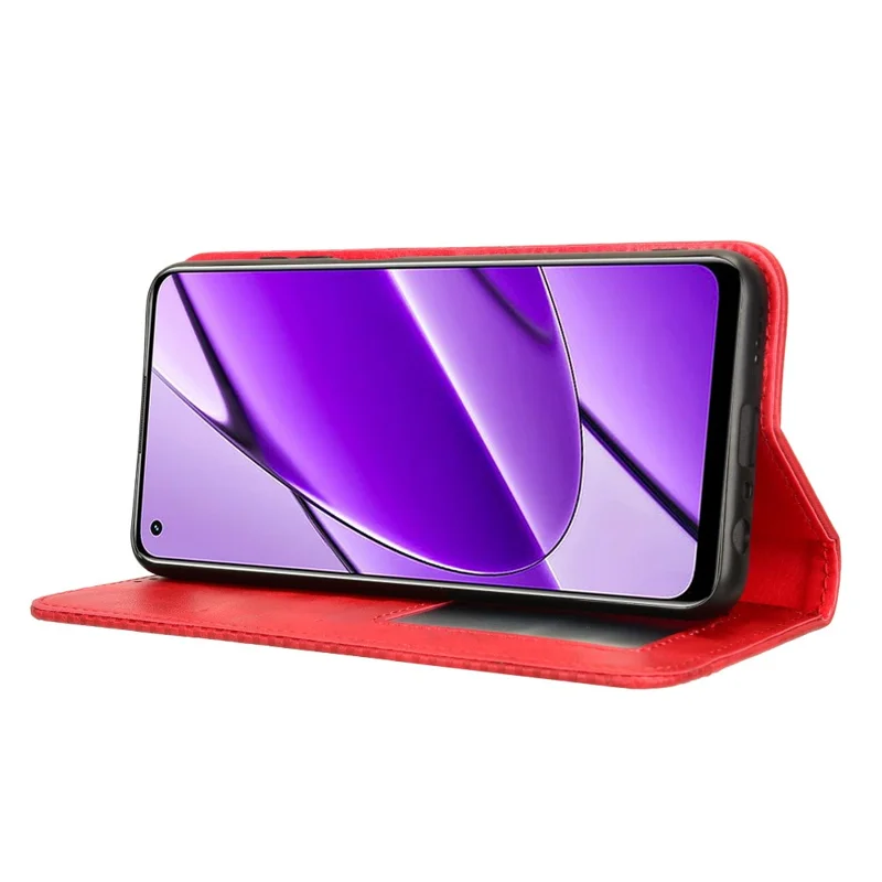 For Realme 11 4G (159.9x73.3x7.95mm) Cell Phone Cases Retro PU Leather Wallet Stand Cover - Red
