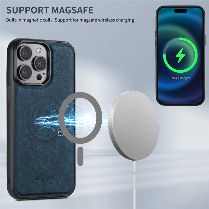 SUTENI H16 Чехол для iPhone 15 Pro Max Litchi Texture PU Leather+TPU Phone Shell Compatible with MagSafe - Синий