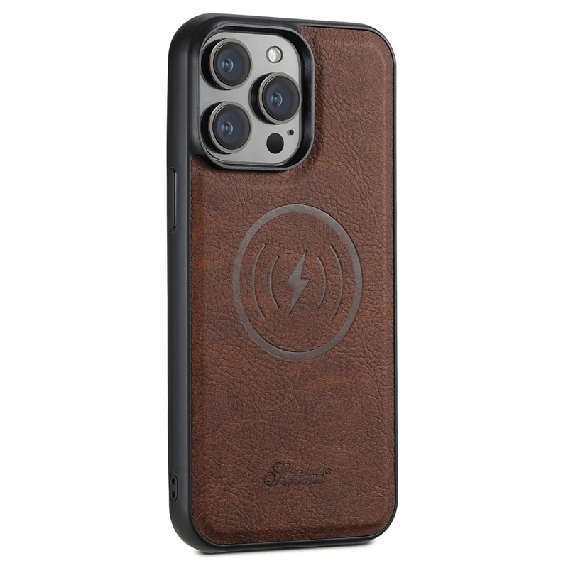 SUTENI H16 For iPhone 15 Pro Max Case Litchi Texture PU Leather+TPU Phone Shell Compatible with MagSafe - Brown