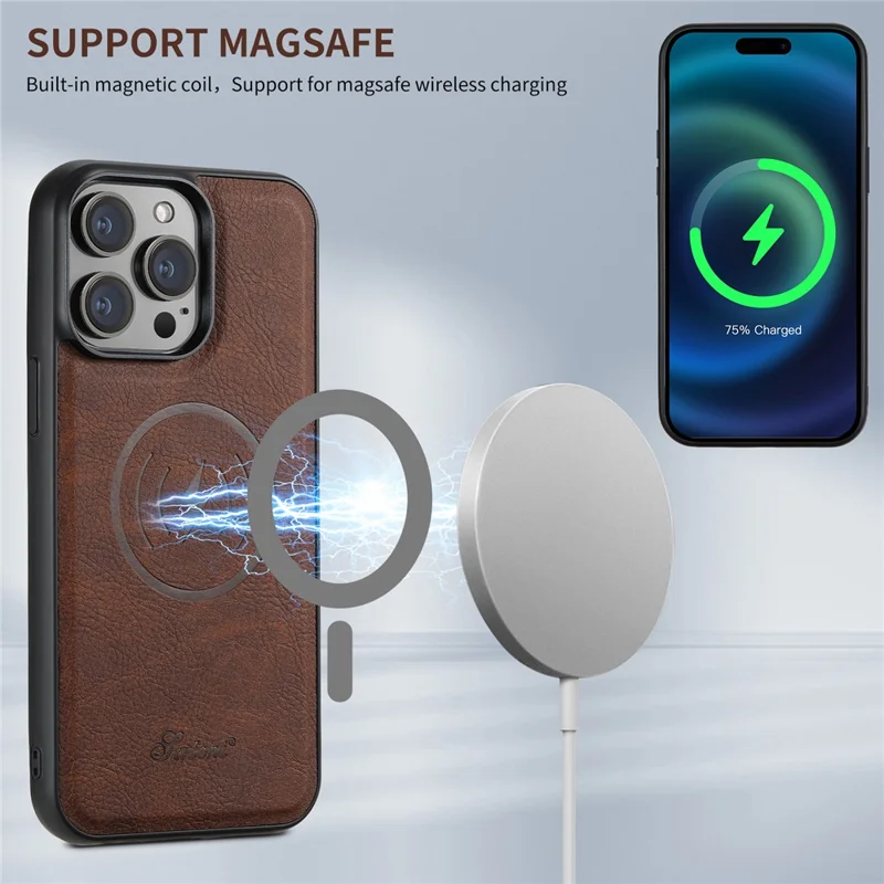 SUTENI H16 For iPhone 15 Pro Max Case Litchi Texture PU Leather+TPU Phone Shell Compatible with MagSafe - Brown