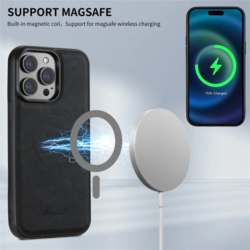 SUTENI H16 For iPhone 14 Pro Max Magnetic Case PU+TPU Anti-fall Detachable Phone Cover - Black