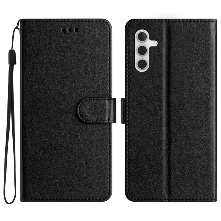 For Samsung Galaxy A35 5G Case with Handy Strap Silk Texture Leather Stand Phone Cover - Black