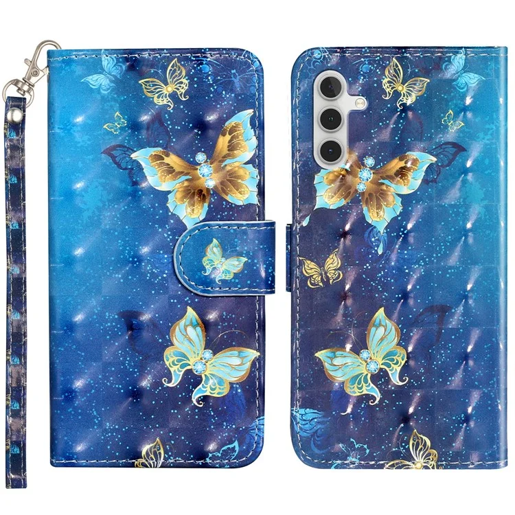 Per Samsung Galaxy A35 5G Case 3D Pattern Print Portafoglio in pelle Custodia per cellulare - Farfalle blu e oro