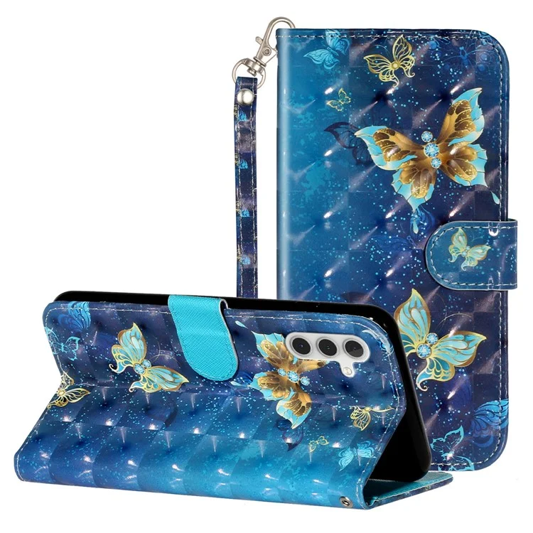 Per Samsung Galaxy A35 5G Case 3D Pattern Print Portafoglio in pelle Custodia per cellulare - Farfalle blu e oro