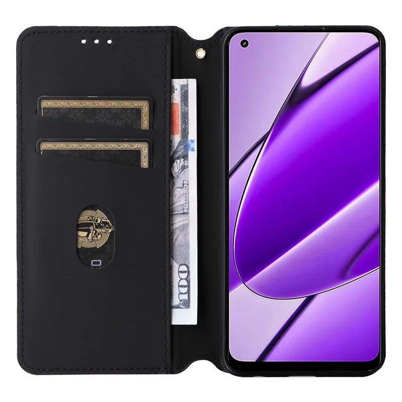 Чехол-бумажник для Realme 11 4G (159,9x73,3x7,95 мм) с ромбовидным узором из искусственной кожи PU — черный