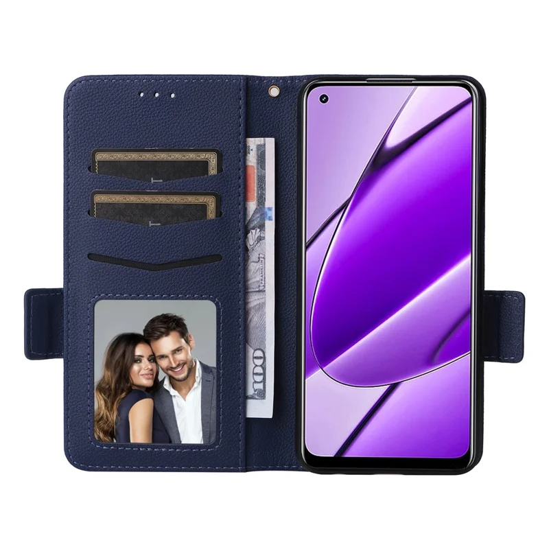 For Realme 11 4G (159.9x73.3x7.95mm) PU Leather Case Wallet Flip Protective Phone Cover - Dark Blue