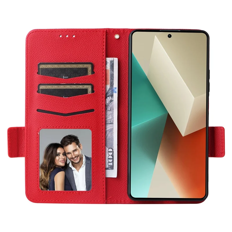 For Xiaomi Redmi Note 13 5G Cover Leather Wallet Stand Cell Phone Case with Strap - Red