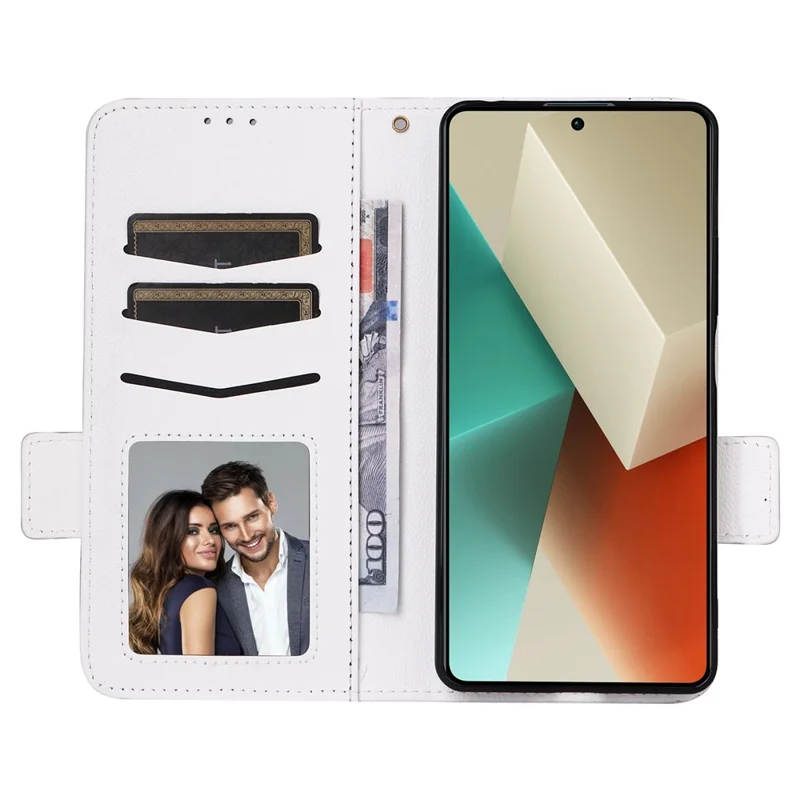 For Xiaomi Redmi Note 13 5G Cover Leather Wallet Stand Cell Phone Case with Strap - White