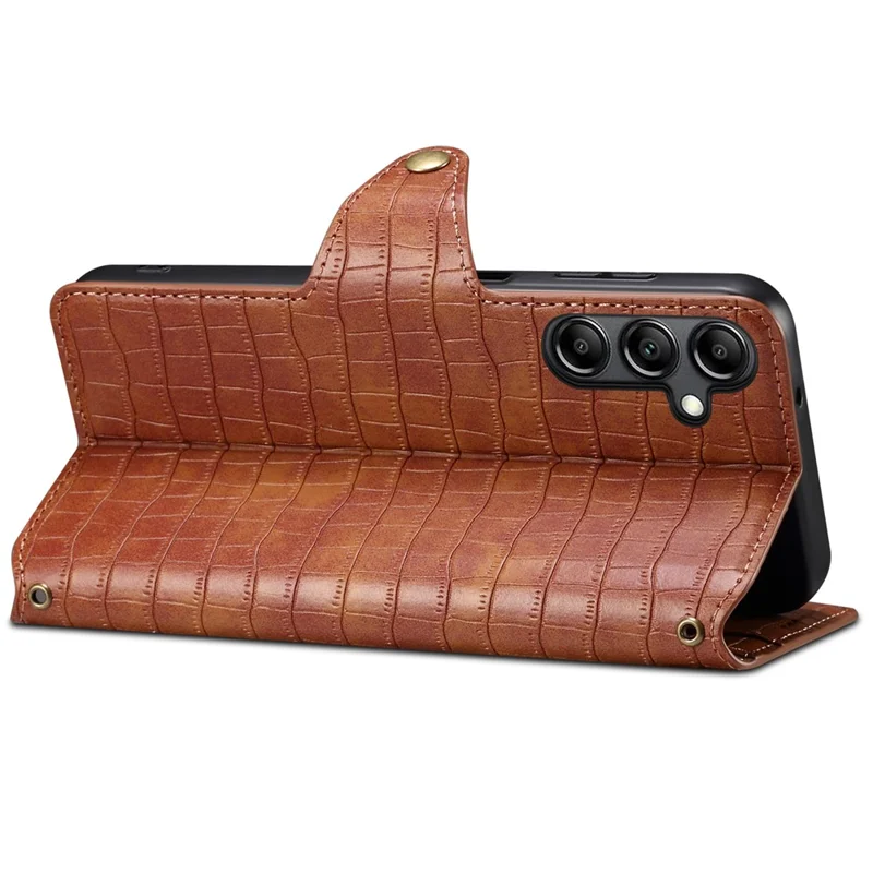 Para Samsung Galaxy S24 Case Leather Crocodile Texture Phone Stand Cover - Marrom