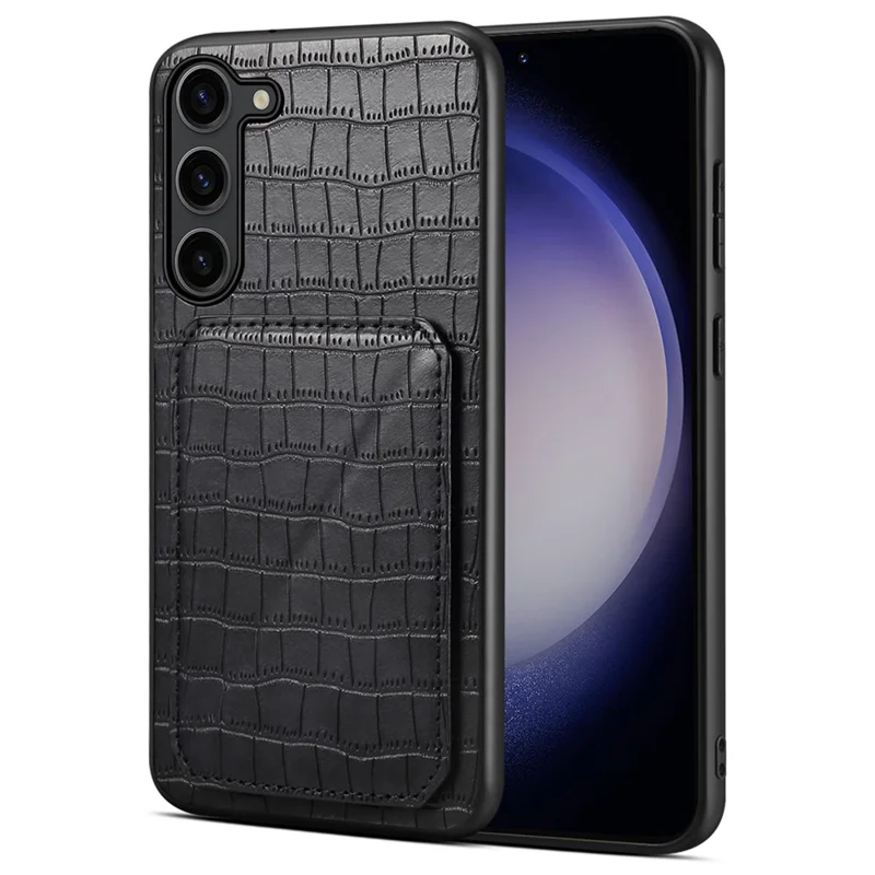 For Samsung Galaxy S24+ Case Card Holder Kickstand Crocodile Texture Leather+PC+TPU Cover - Black
