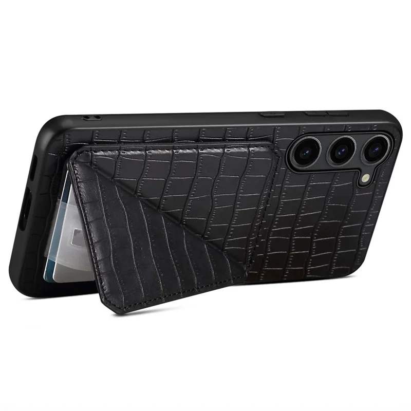 For Samsung Galaxy S24+ Case Card Holder Kickstand Crocodile Texture Leather+PC+TPU Cover - Black