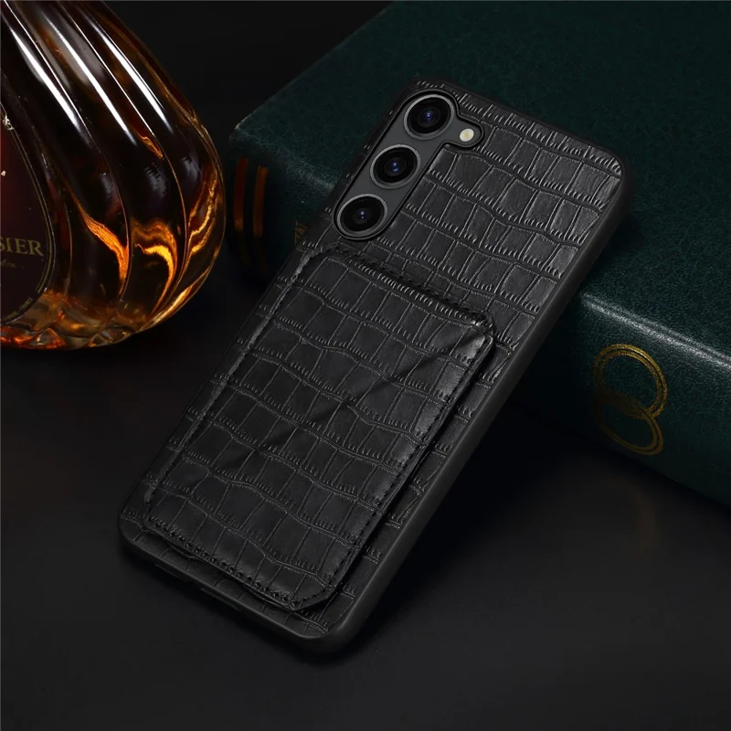 For Samsung Galaxy S24+ Case Card Holder Kickstand Crocodile Texture Leather+PC+TPU Cover - Black