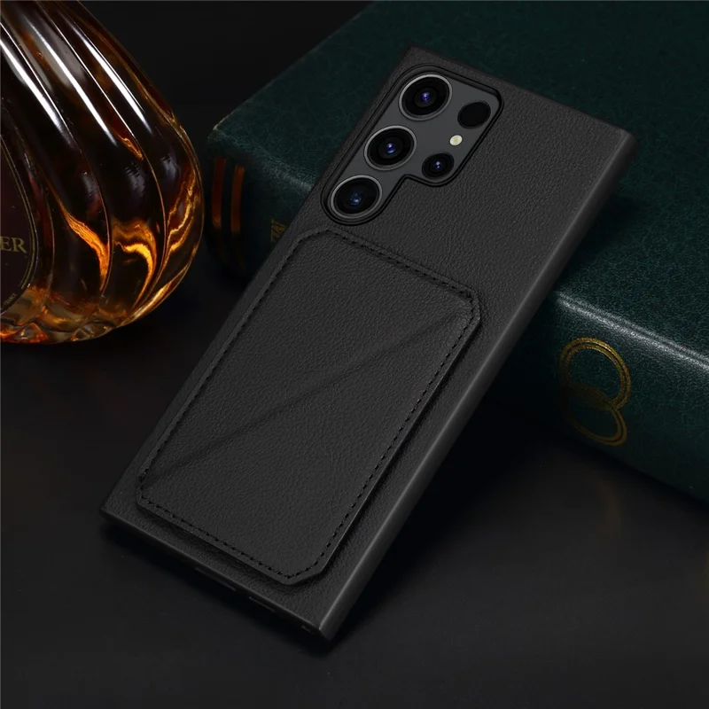 For Samsung Galaxy S24 Ultra Cell Phone Case Leather+PC+TPU Card Holder Anti-drop Cover - Black