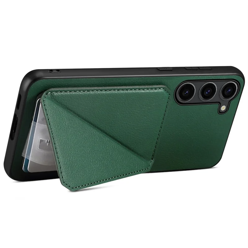 For Samsung Galaxy S24+ Cover Card Holder Kickstand Leather+PC+TPU Cell Phone Case - Green