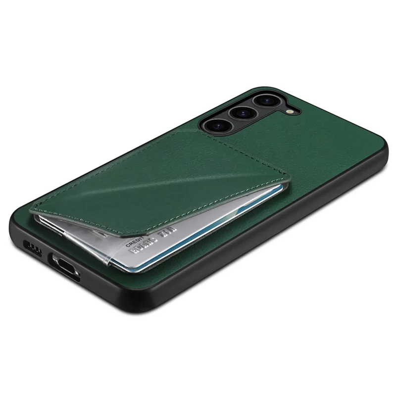 For Samsung Galaxy S24+ Cover Card Holder Kickstand Leather+PC+TPU Cell Phone Case - Green
