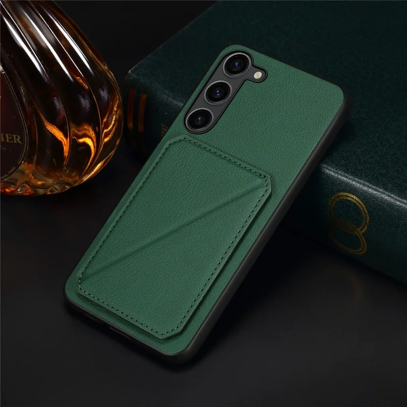 For Samsung Galaxy S24+ Cover Card Holder Kickstand Leather+PC+TPU Cell Phone Case - Green