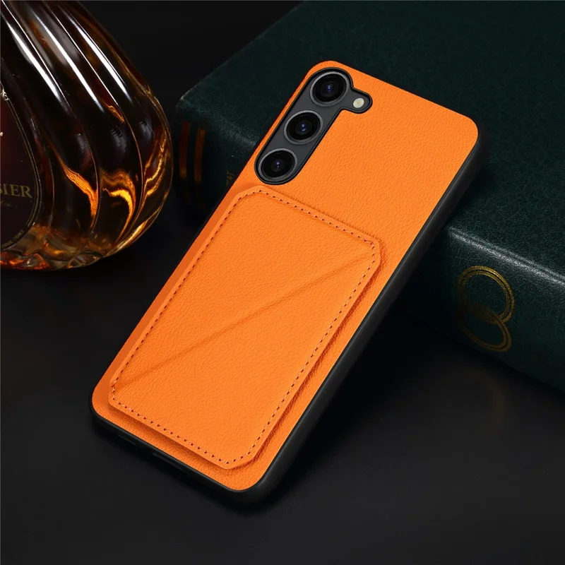 For Samsung Galaxy S24+ Cover Card Holder Kickstand Leather+PC+TPU Cell Phone Case - Orange