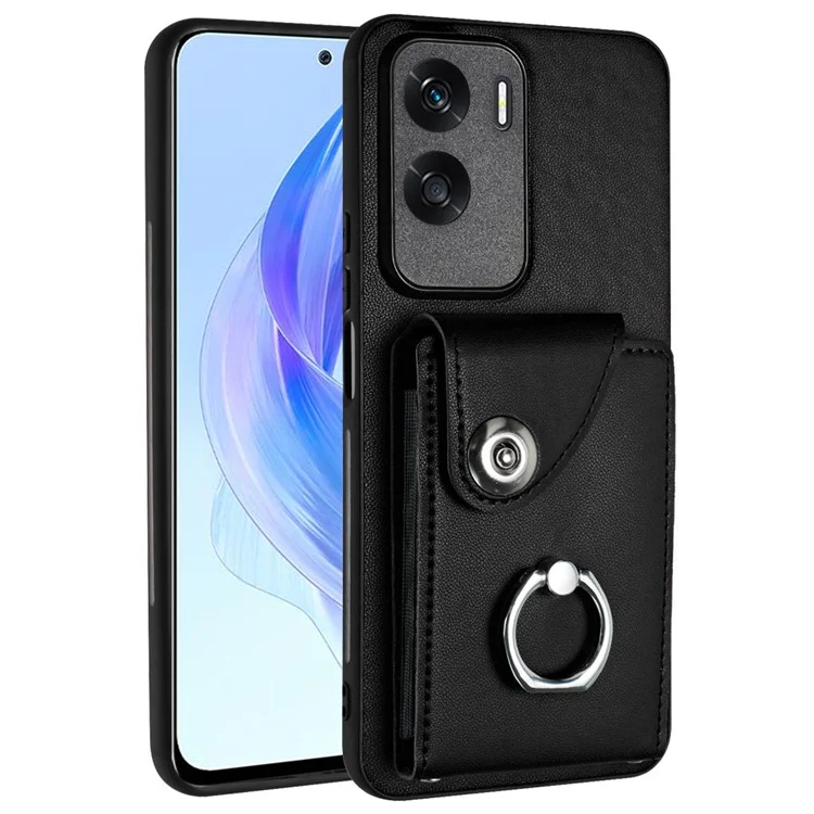 YB Leather Coating Series-7 for Honor 90 Lite 5G / X50i 5G Case Ring Holder Kickstand Phone Cover - Black