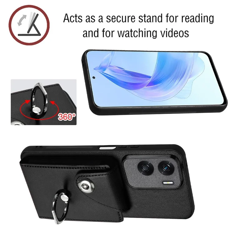 YB Leather Coating Series-7 for Honor 90 Lite 5G / X50i 5G Case Ring Holder Kickstand Phone Cover - Black