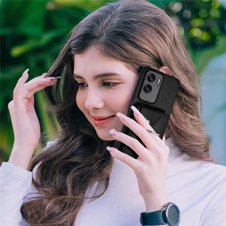 YB Leather Coating Series-7 for Honor 90 Lite 5G / X50i 5G Case Ring Holder Kickstand Phone Cover - Black