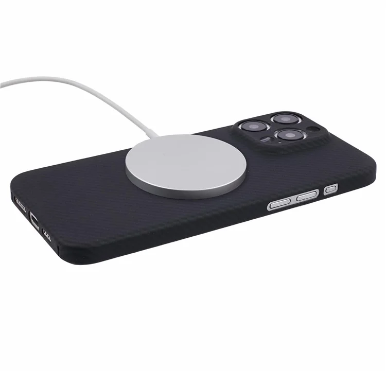 Fundas para iPhone 15 Pro Max Cell Phone Textura de fibra de carbono Fibra de aramida Tapa magnética - Negro mate