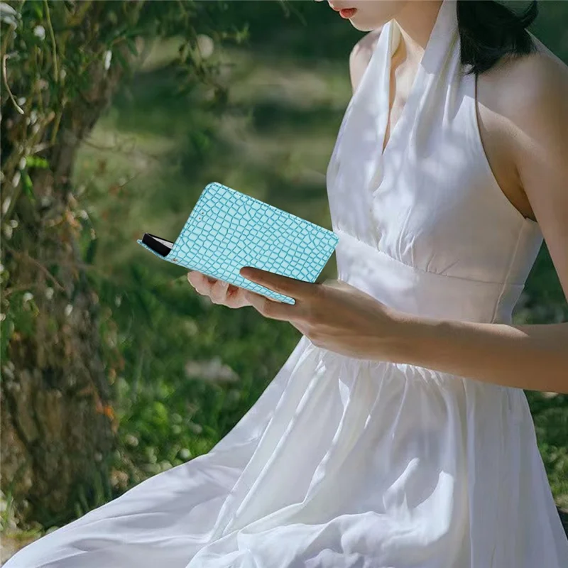 For Samsung Galaxy A35 5G Case Crocodile Texture PU Leather Phone Cover with Strap - Sky Blue