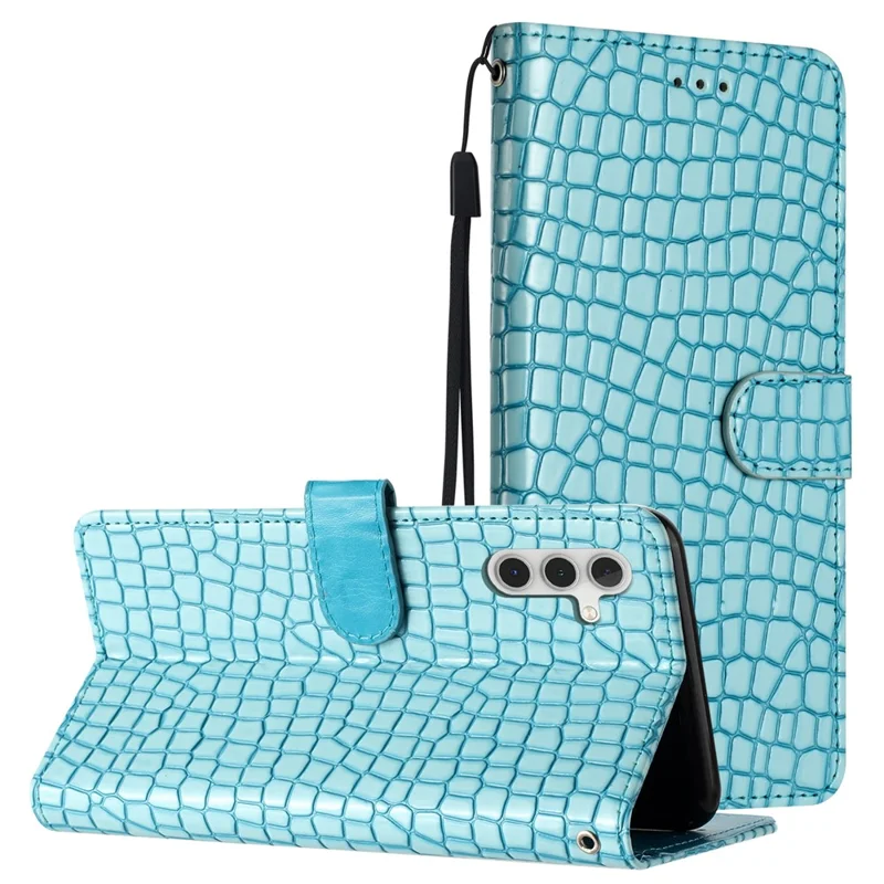 For Samsung Galaxy A35 5G Case Crocodile Texture PU Leather Phone Cover with Strap - Sky Blue