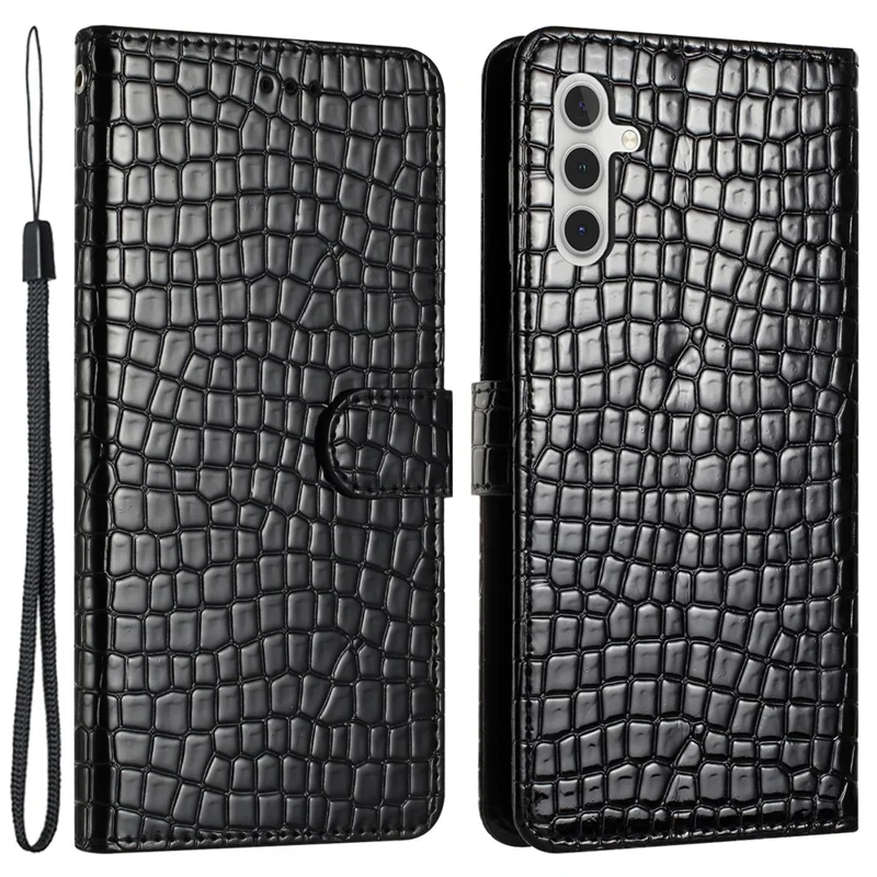 For Samsung Galaxy A35 5G Case Crocodile Texture PU Leather Phone Cover with Strap - Black