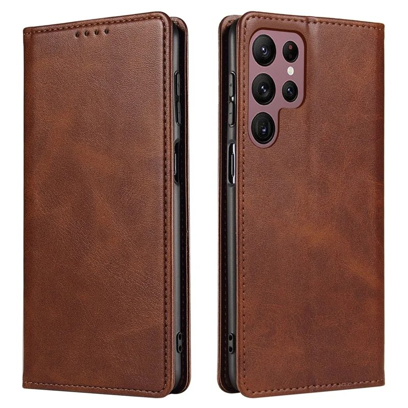 For Samsung Galaxy S24 Ultra Case Magnetic Auto Closing Cell Phone Shell PU Leather Cover - Brown