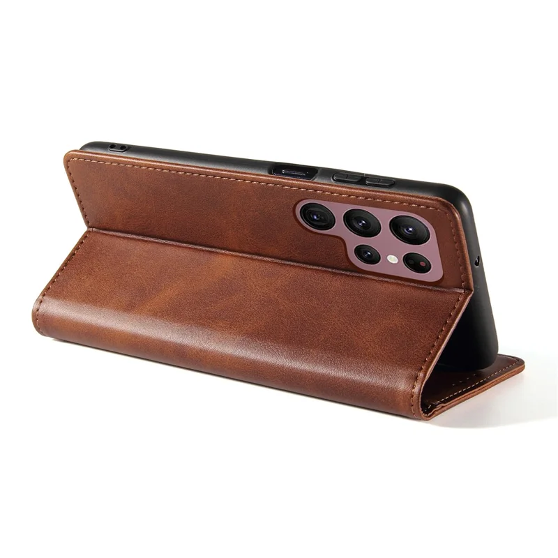 For Samsung Galaxy S24 Ultra Case Magnetic Auto Closing Cell Phone Shell PU Leather Cover - Brown