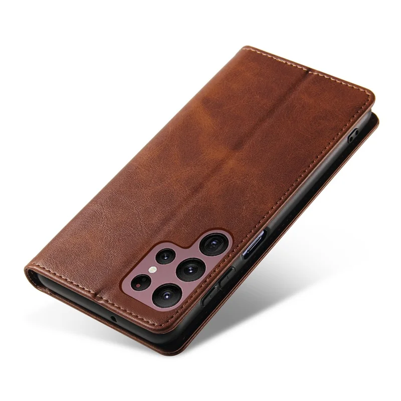For Samsung Galaxy S24 Ultra Case Magnetic Auto Closing Cell Phone Shell PU Leather Cover - Brown