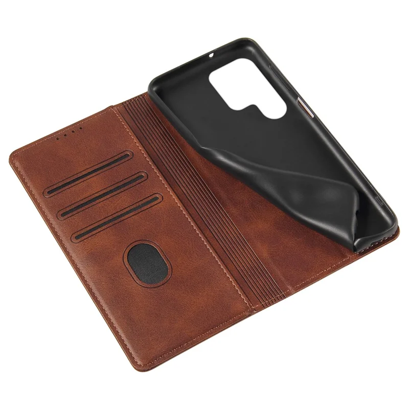 For Samsung Galaxy S24 Ultra Case Magnetic Auto Closing Cell Phone Shell PU Leather Cover - Brown