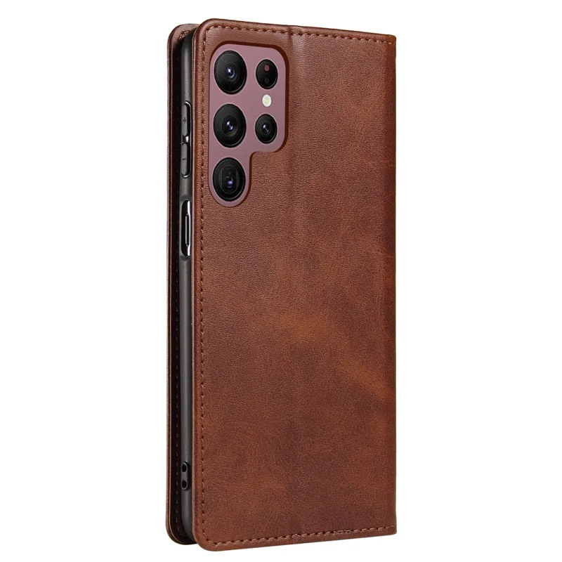 For Samsung Galaxy S24 Ultra Case Magnetic Auto Closing Cell Phone Shell PU Leather Cover - Brown