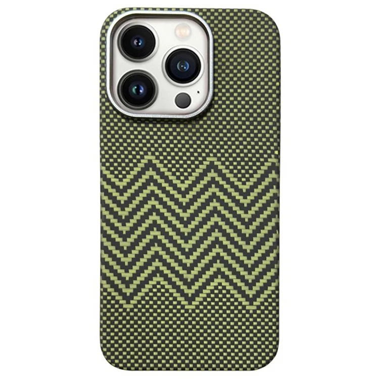 For iPhone 15 Pro Max Case Metal Lens Frame Aramid Fiber Big Rear Lens Hole Back Cover - M-Wave Texture / Yellow