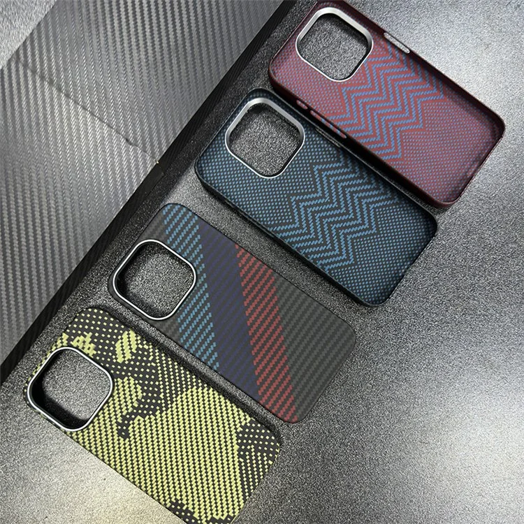 For iPhone 15 Pro Max Case Metal Lens Frame Aramid Fiber Big Rear Lens Hole Back Cover - M-Wave Texture / Yellow