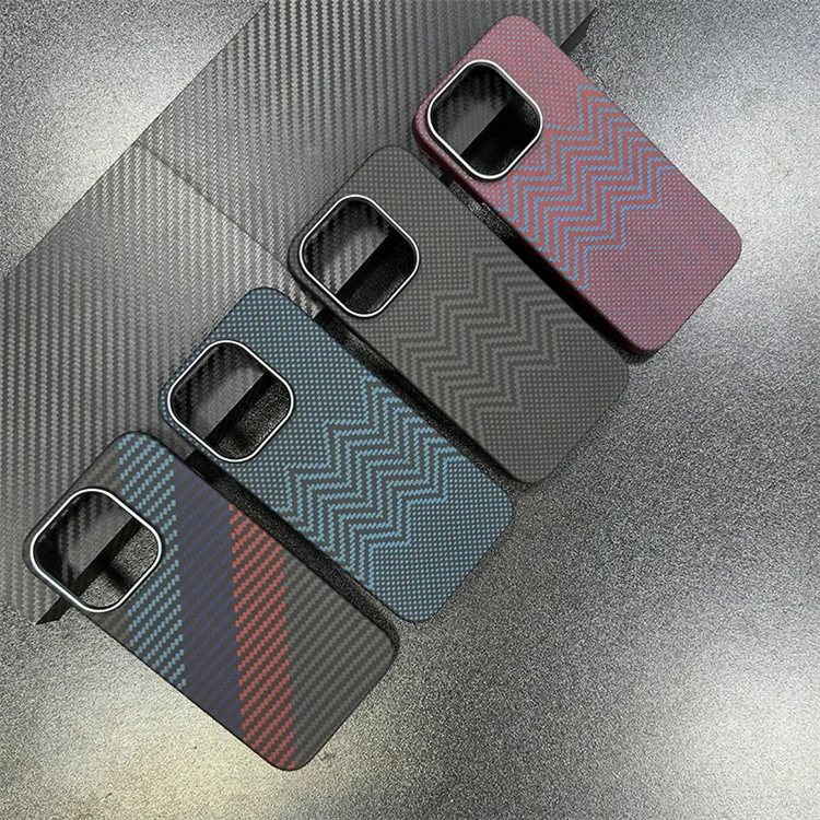 For iPhone 15 Pro Max Case Metal Lens Frame Aramid Fiber Big Rear Lens Hole Back Cover - M-Wave Texture / Yellow