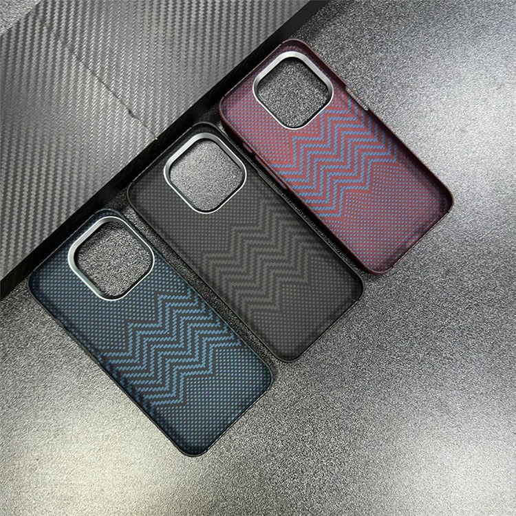 For iPhone 15 Pro Max Case Metal Lens Frame Aramid Fiber Big Rear Lens Hole Back Cover - M-Wave Texture / Yellow